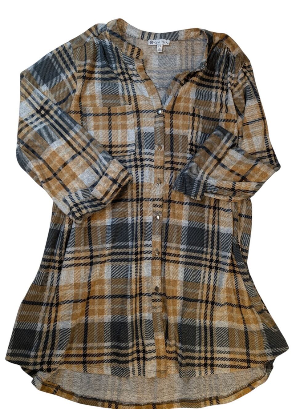 Kate Park Women's XXL Plaid Flannel Longline Fall Button Down 3/4 Sleeve Soft
